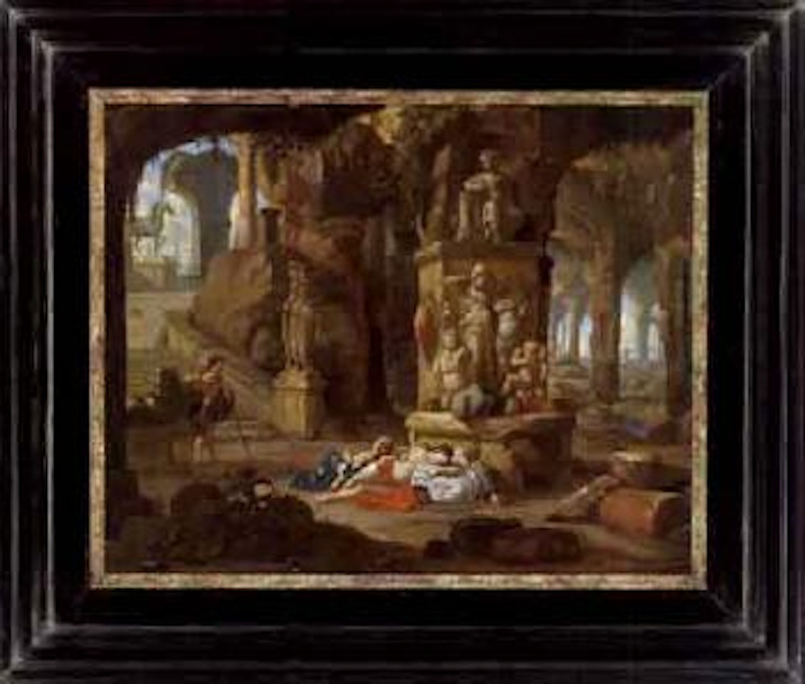 Fantastic grotto architecture with monuments and Cimon and Efigenia by Abraham Storck
