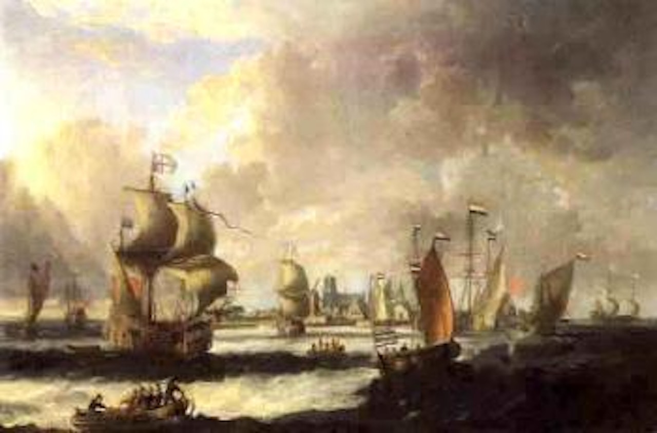 Ships off a port, possibly Dortrecht by Pieter van de Velde