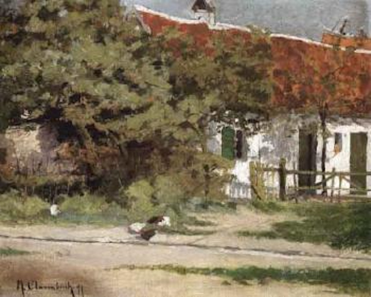 Houses in sunshine with hens in foreground by Max Clarenbach
