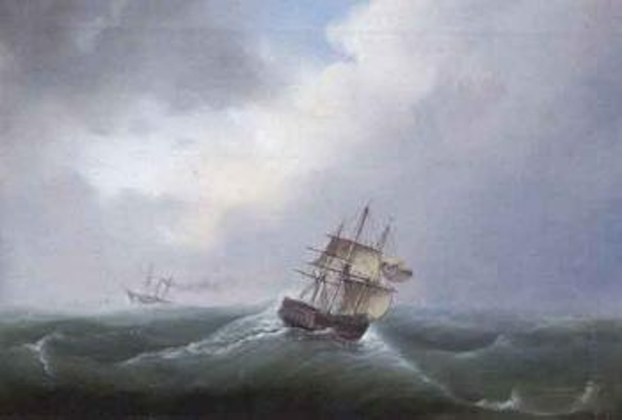 Sailing boats and other shipping in stormy seas by Russian School