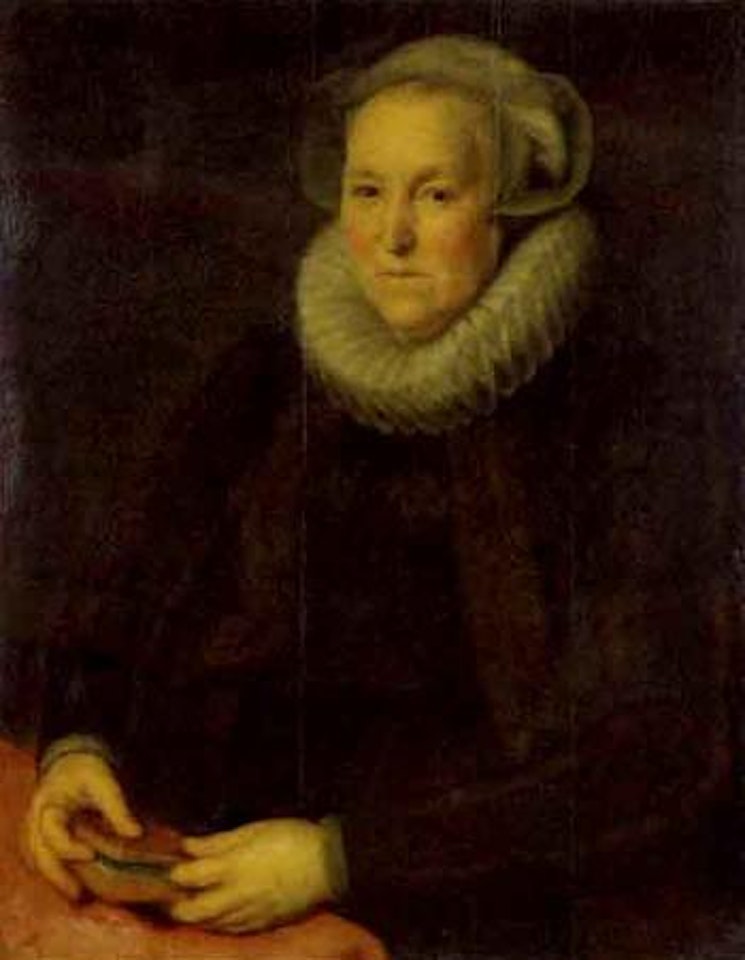 Portrait of an old lady holding a book by Paulus Moreelse