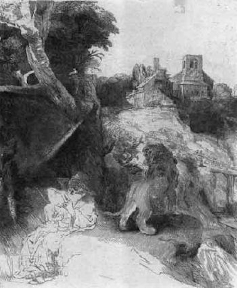 Saint Heironymus reading in an Italian landscape by Attributed to Rembrandt Harmensz van Rijn
