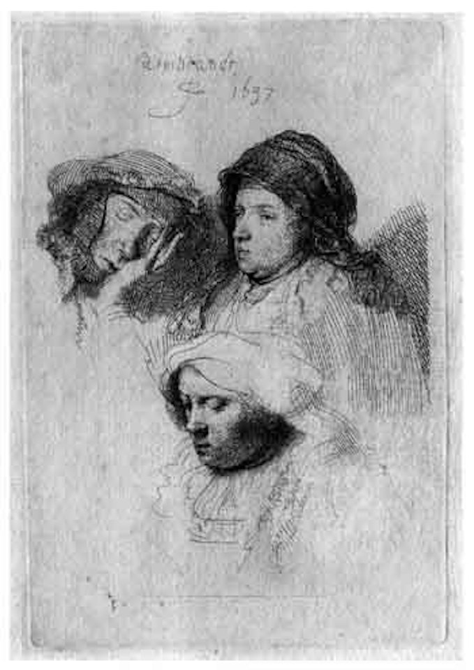 Three female heads by Attributed to Rembrandt Harmensz van Rijn