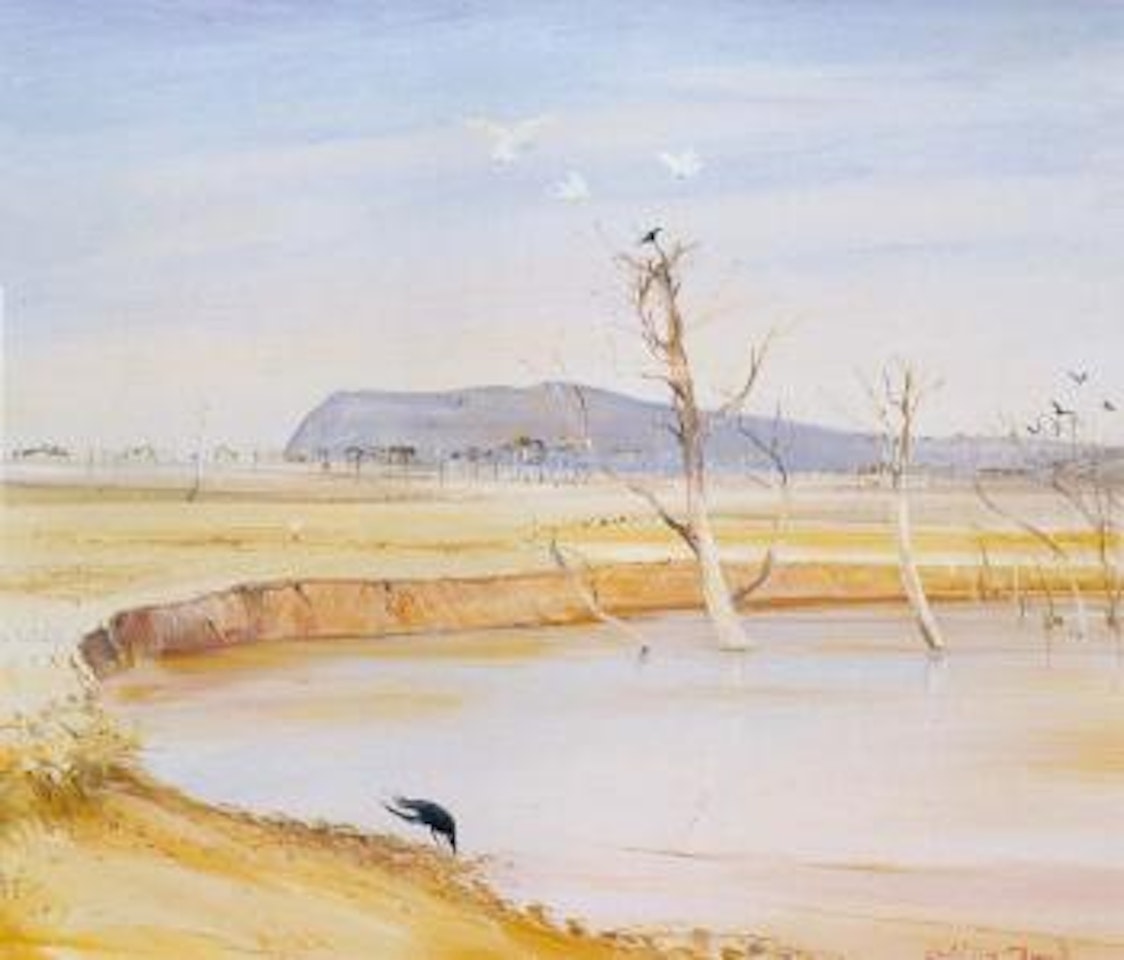 Wimmera landscape with dam and white cockatoos by Arthur Merric Bloomfield Boyd