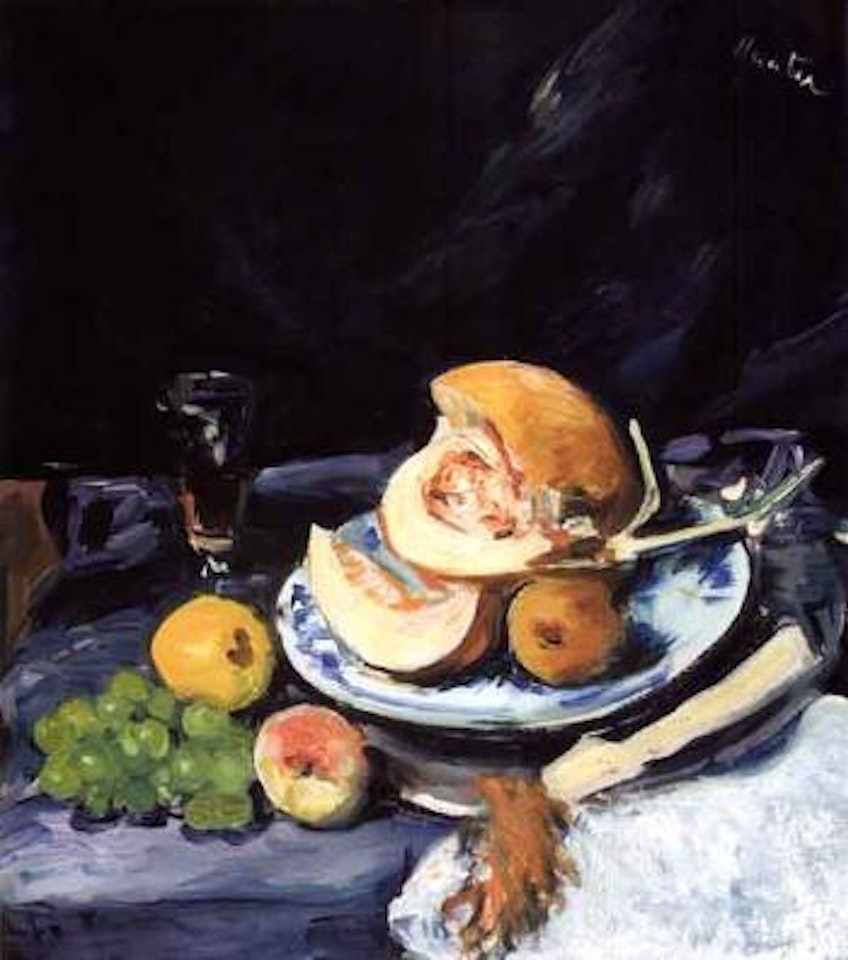Still life of cut melon, glass and fan by George Leslie Hunter
