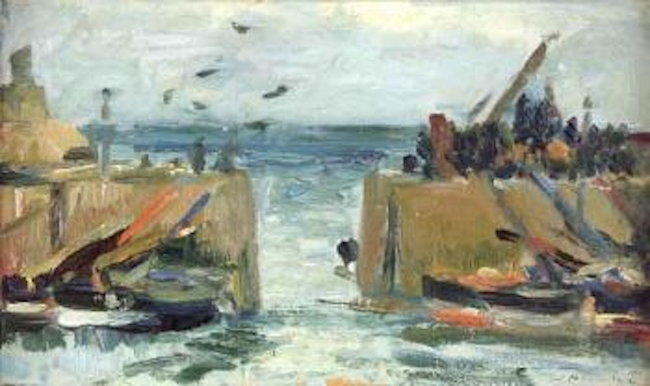 An east coast fishing harbour by George Leslie Hunter