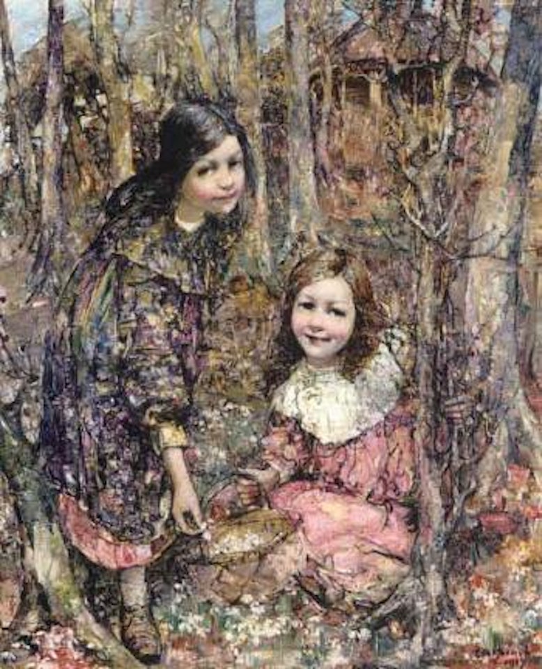 Two girls gathering snowdrops by Edward Atkinson Hornel