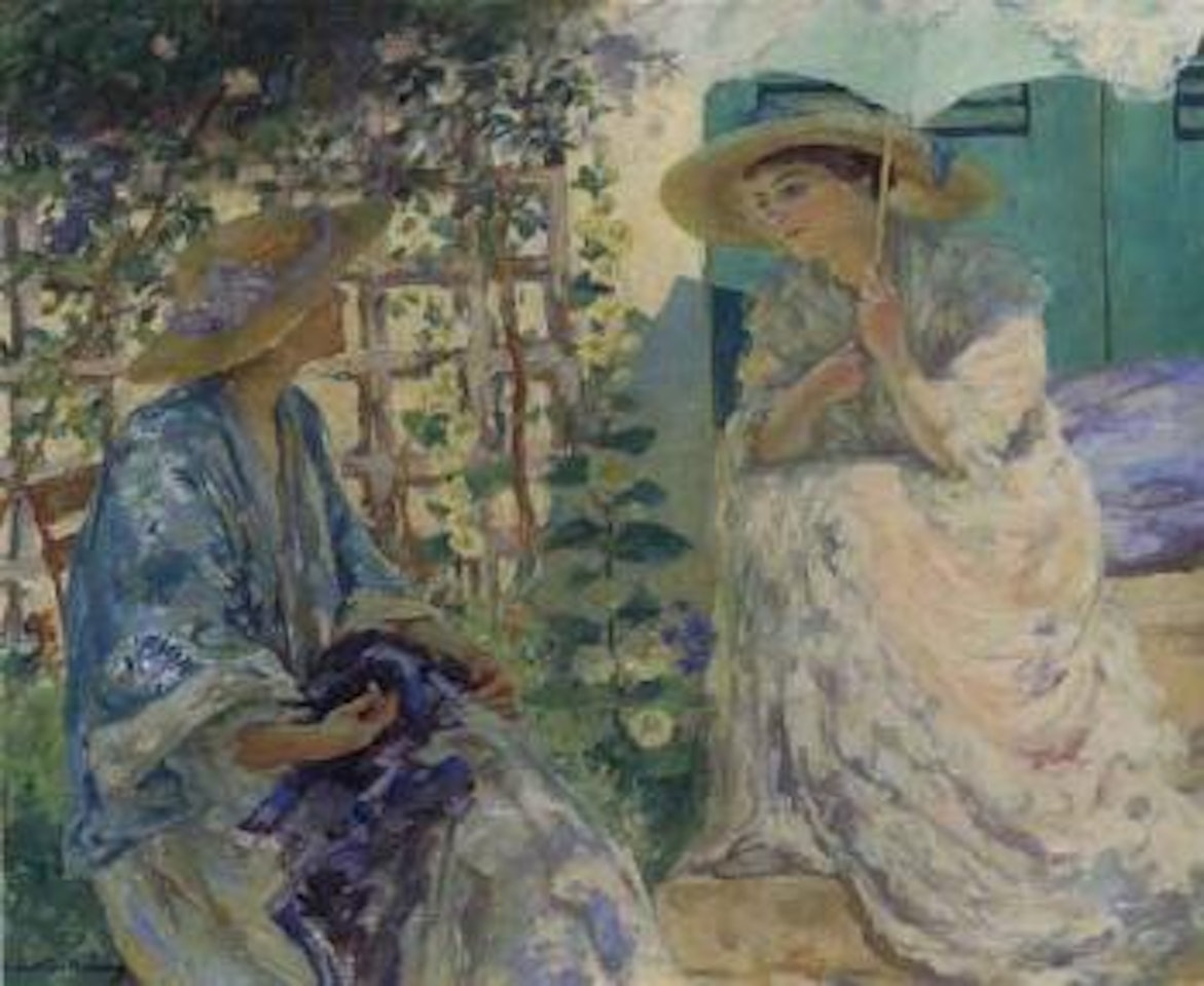 Two ladies in a garden by Rupert Charles Wulsten Bunny