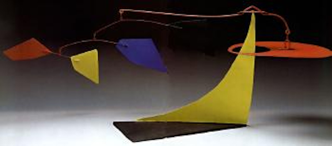 Pierced disk on yellow and black by Alexander Calder