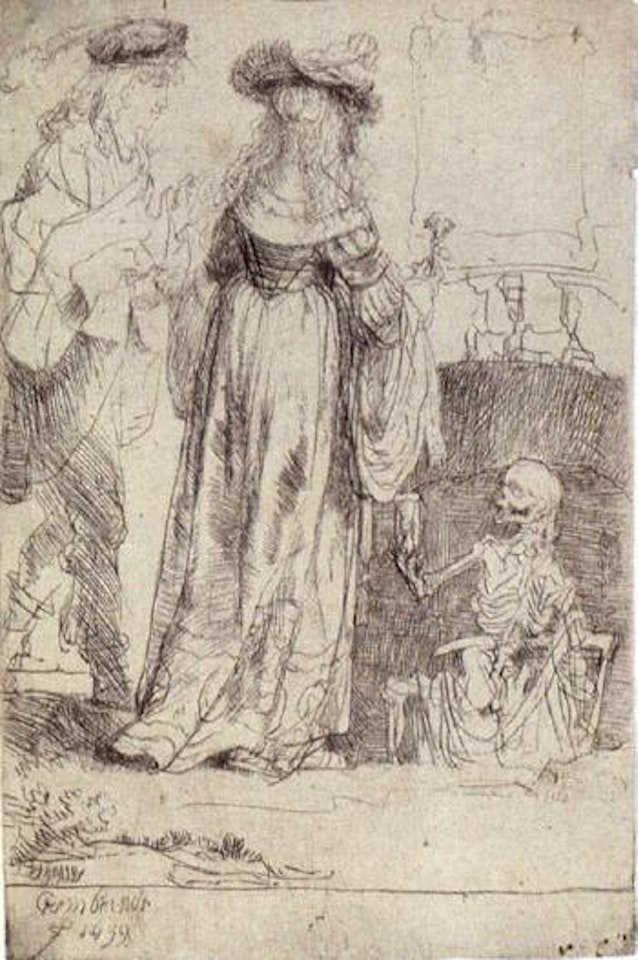 Death appearing to a wedded couple from an open grave by Attributed to Rembrandt Harmensz van Rijn