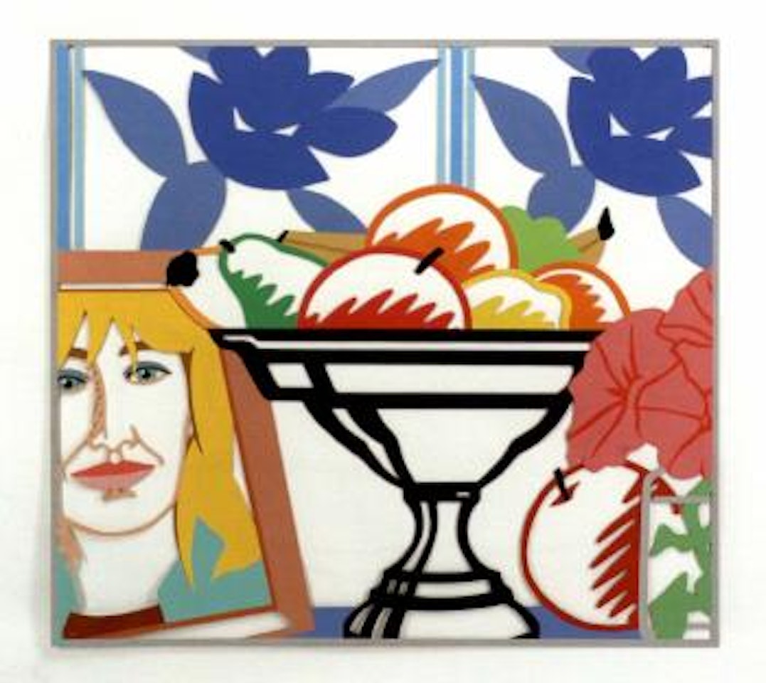 Still life with fruit, petunias and Claire by Tom Wesselmann