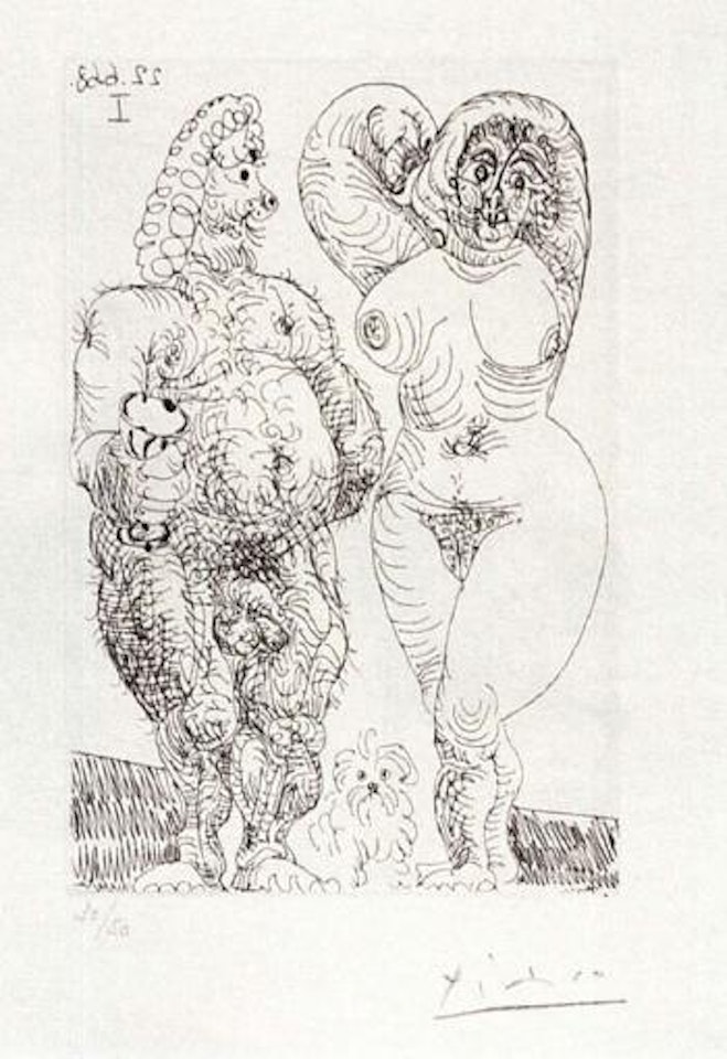 Gros couple et petit chien, poilus by Pablo Picasso