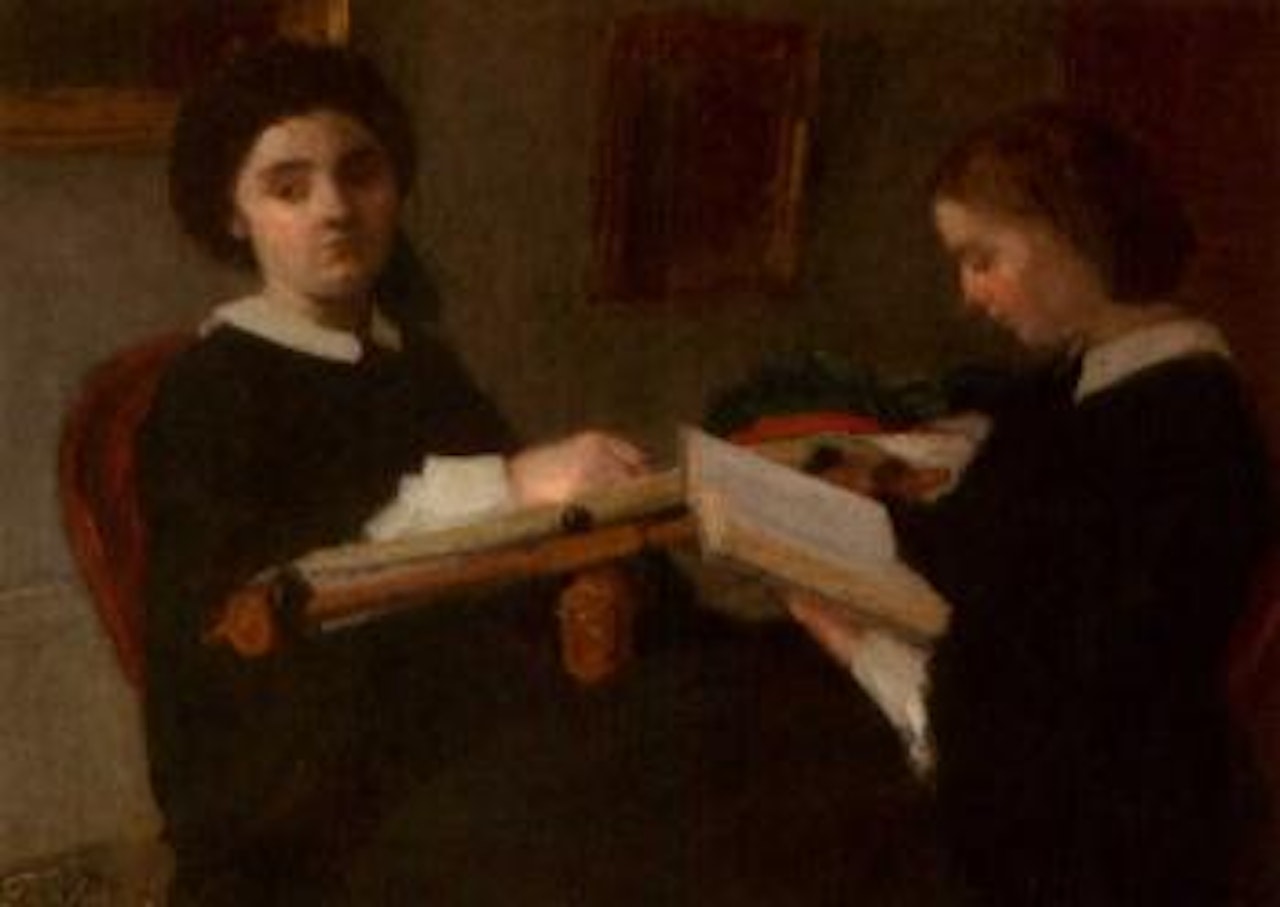 Deux jeunes femmes brodant et lisant by Henri Fantin-Latour