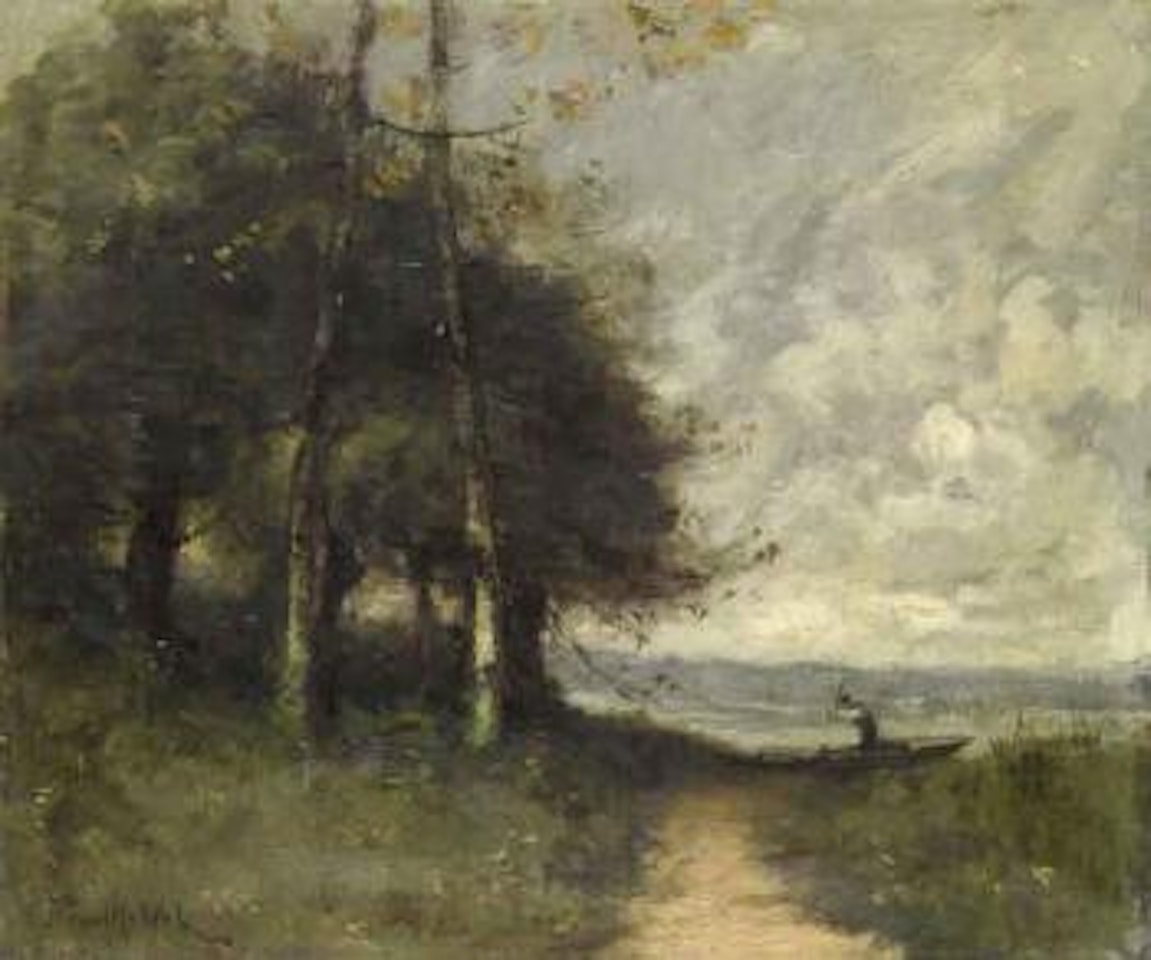 Bord de riviere avec pecheur by Paul Désiré Trouillebert