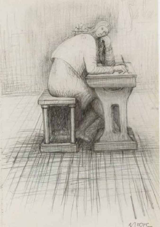 Girl doing homework. hand holding pen by Henry Moore
