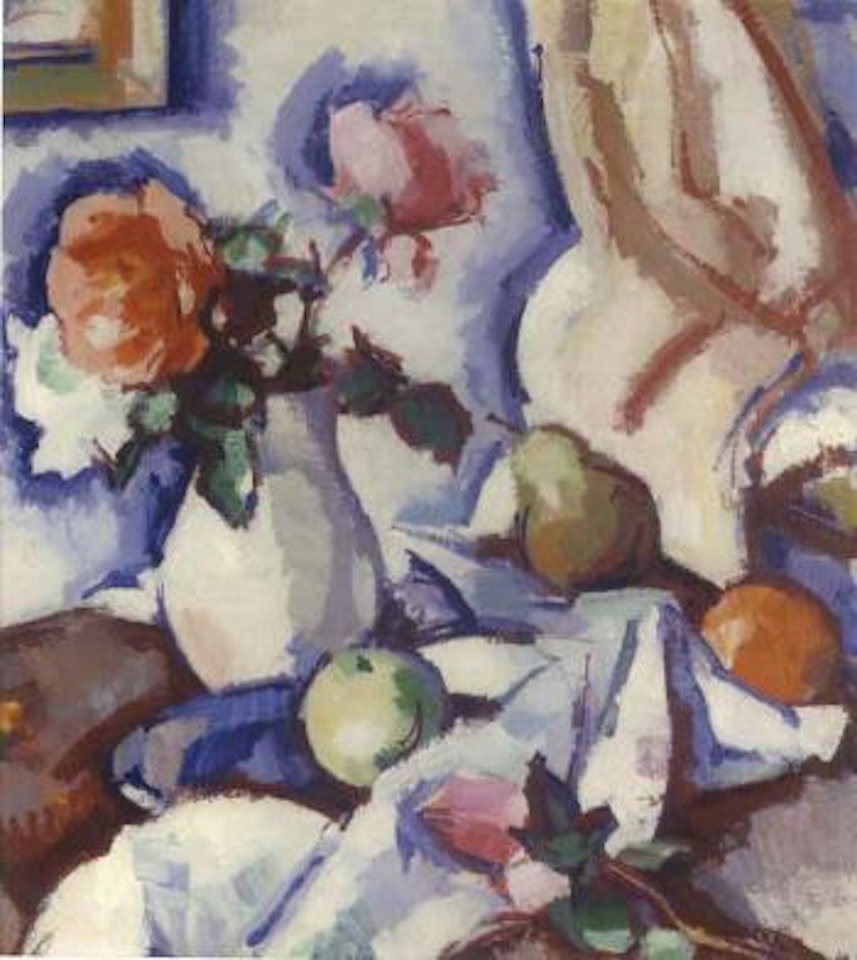 Roses in a white vase with fruit by Samuel John Peploe