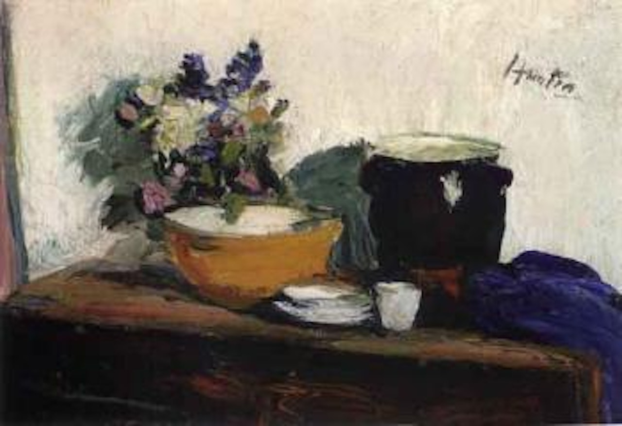 Kitchen table with spring flowers by George Leslie Hunter