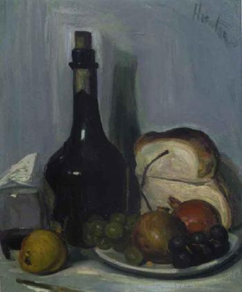 Still life of a bottle, bread and fruit by George Leslie Hunter
