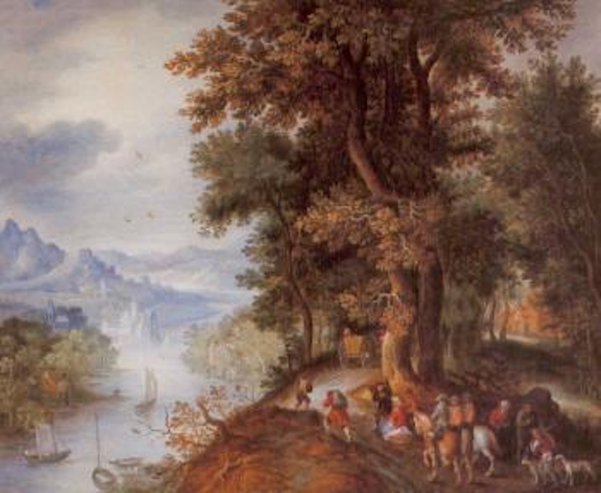 Extensive mountainous river landscape with horsemen and figures by Jan Brueghel the Younger