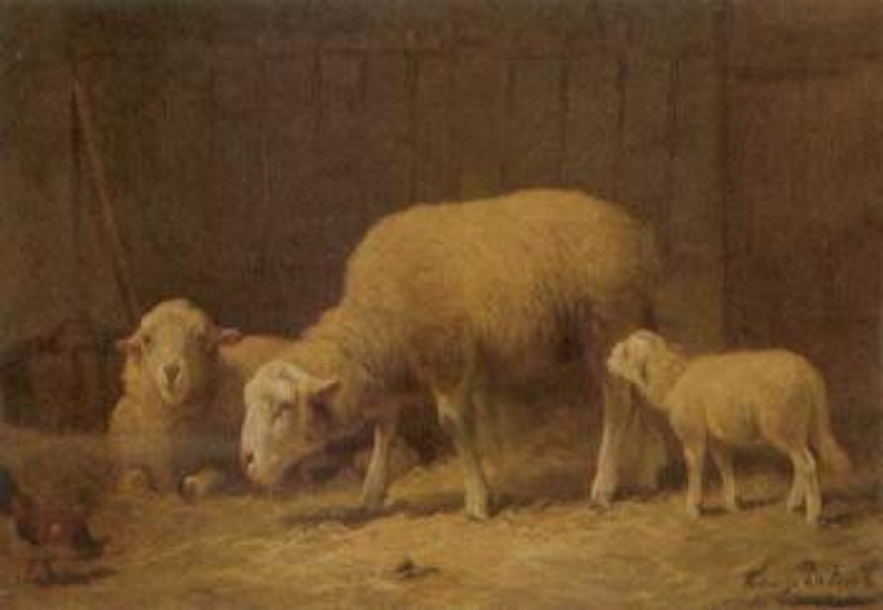 Sheep in a stable by Frans de Beul