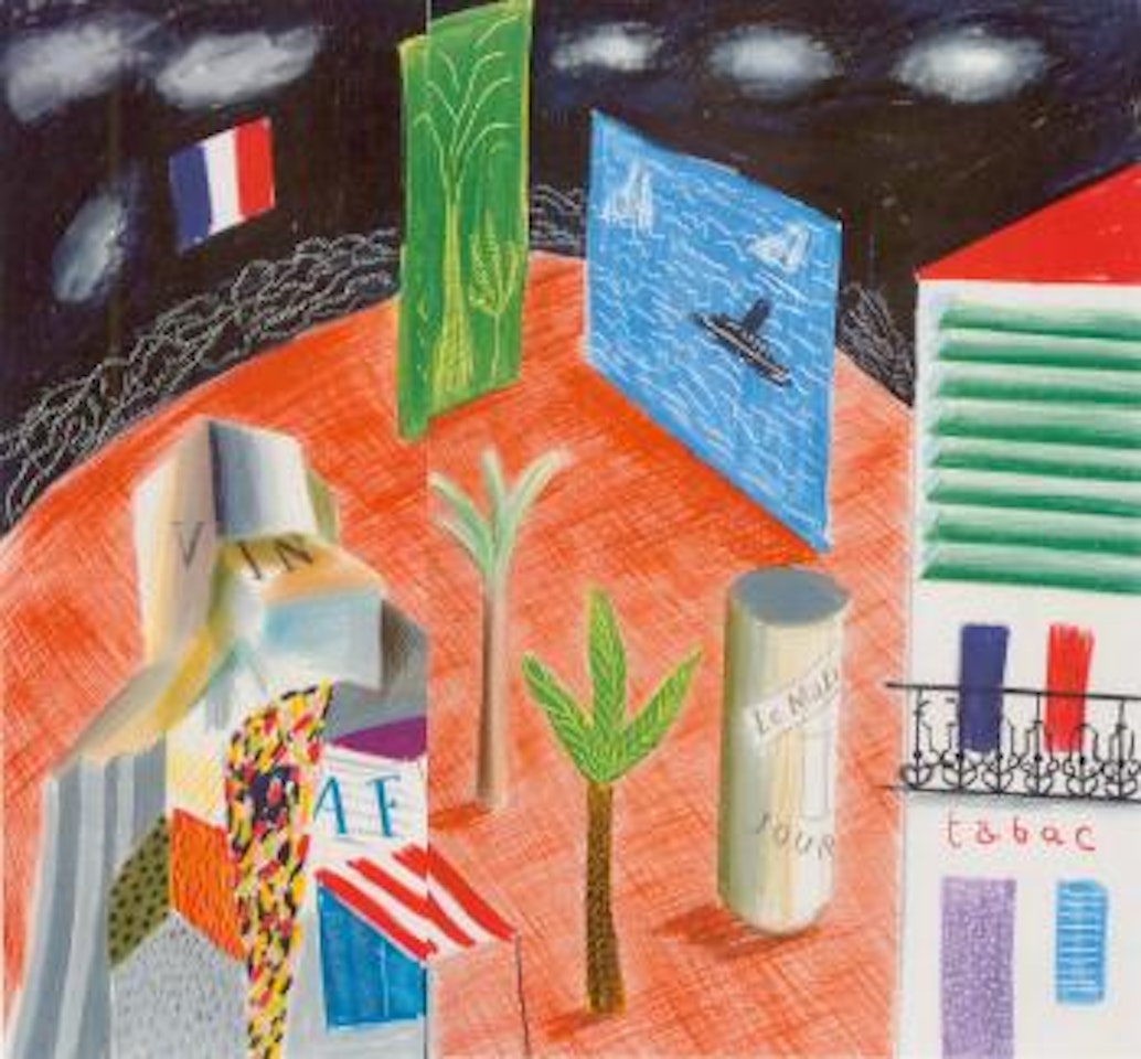 Zanzibar with postcards and kiosk by David Hockney