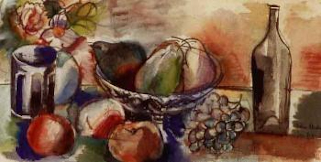 Nature morte aux pommes, poires, raisins et bouteille by Jean Dufy