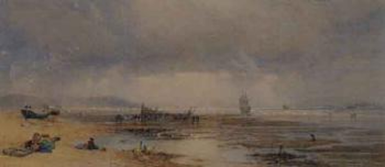A beach scene at low tide with figures by a wreck by Edward Duncan