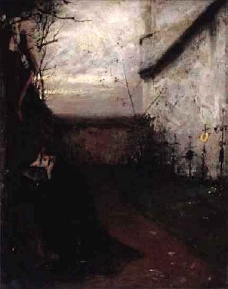 Graveyard with woman mourner by Lesser Ury