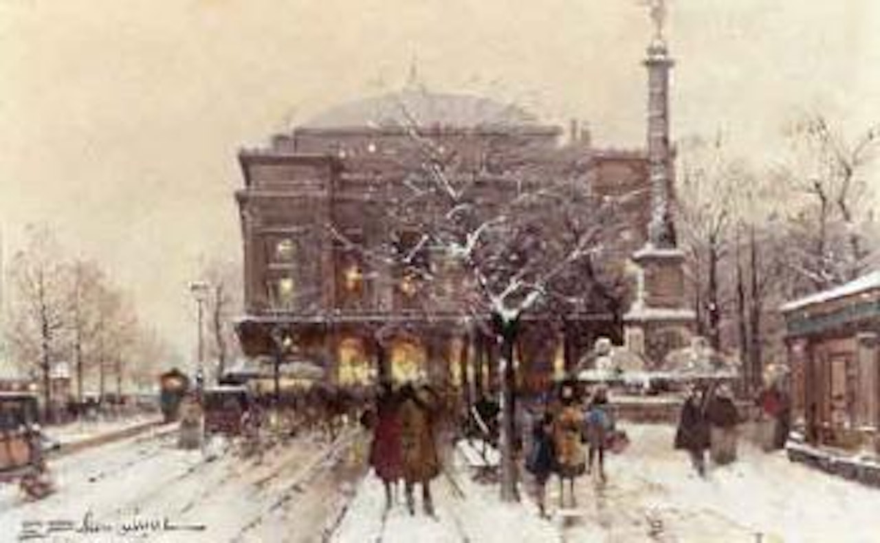 Theatre du Chatelet in winter by Eugene Galien-Laloue