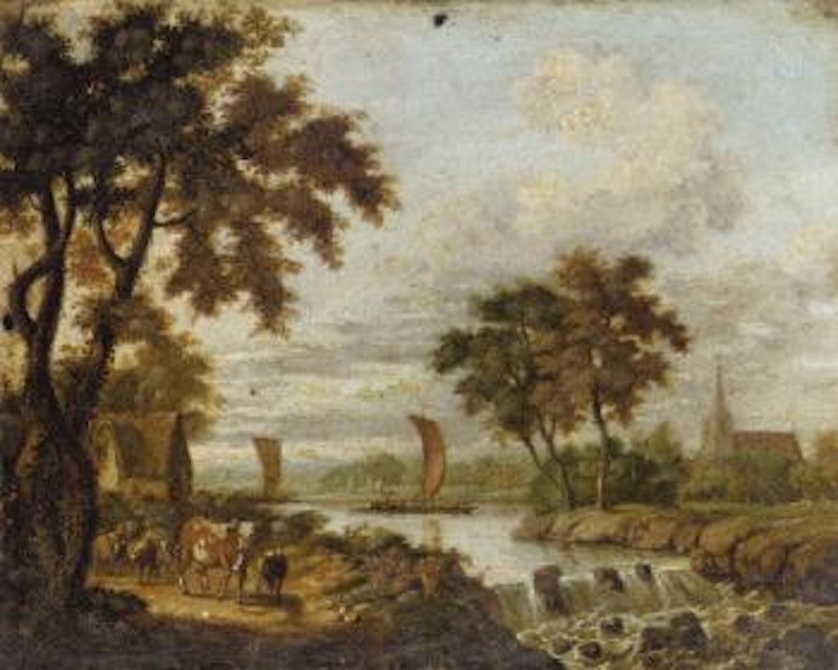 Cattle and sheep in river landscape . Boat on a river, with a fisherman by Francis Swaine