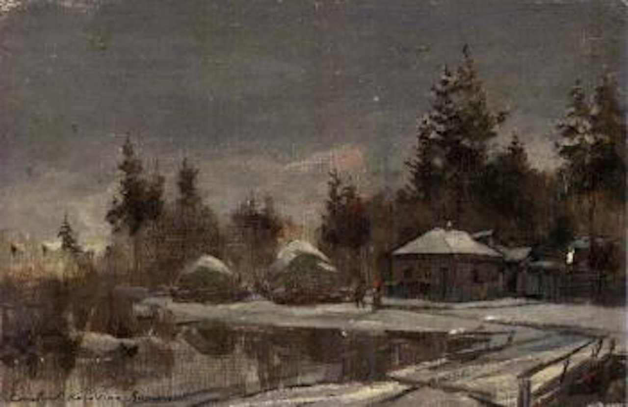 Russian riverside village in winter by Konstantin Alekseevich Korovin