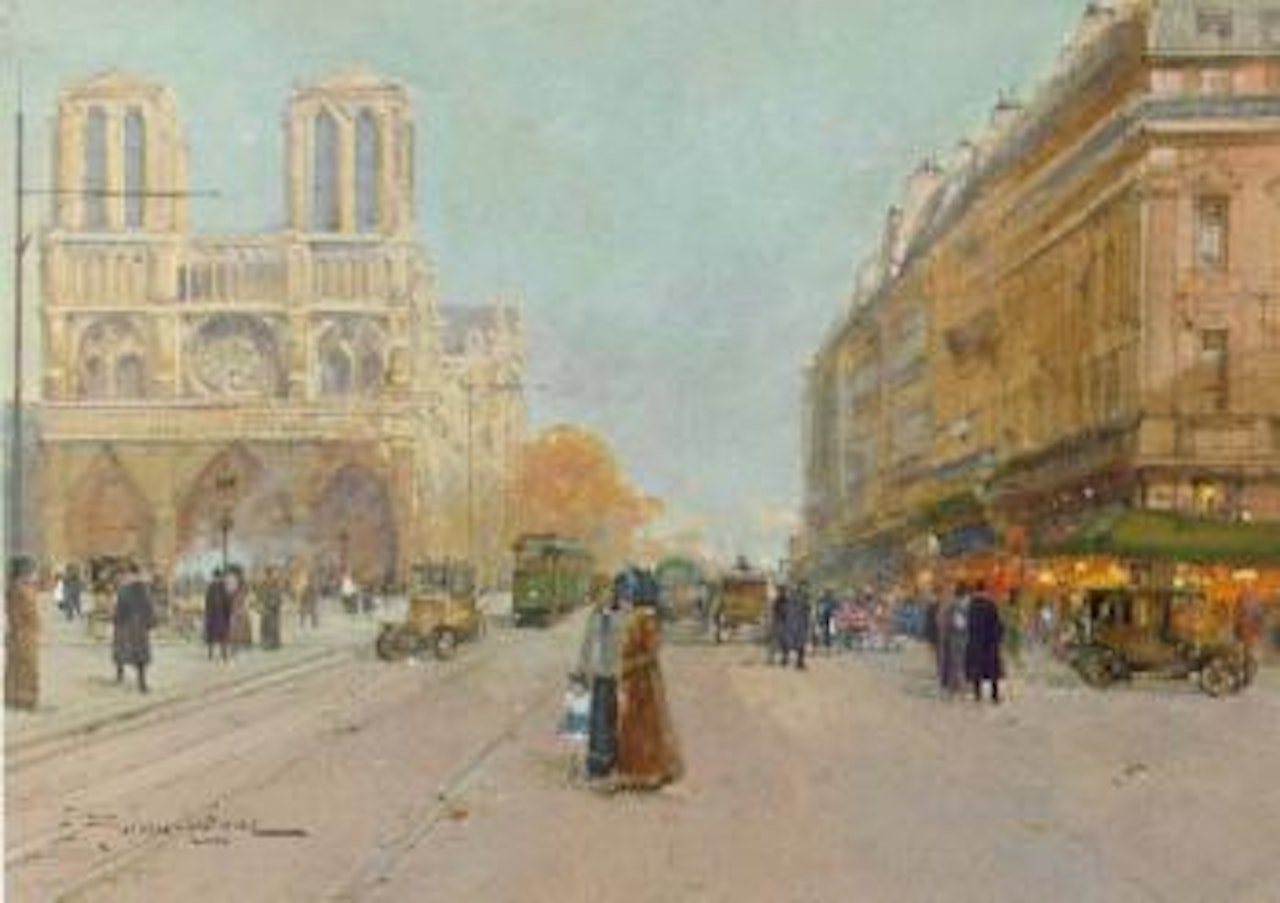 Walking by Notre Dame, Paris by Eugene Galien-Laloue