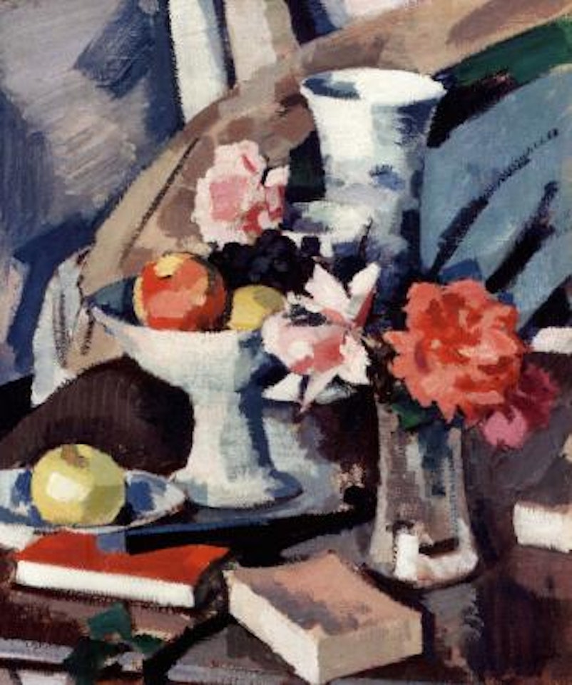 Pink roses, fruit and books on polished table by Samuel John Peploe