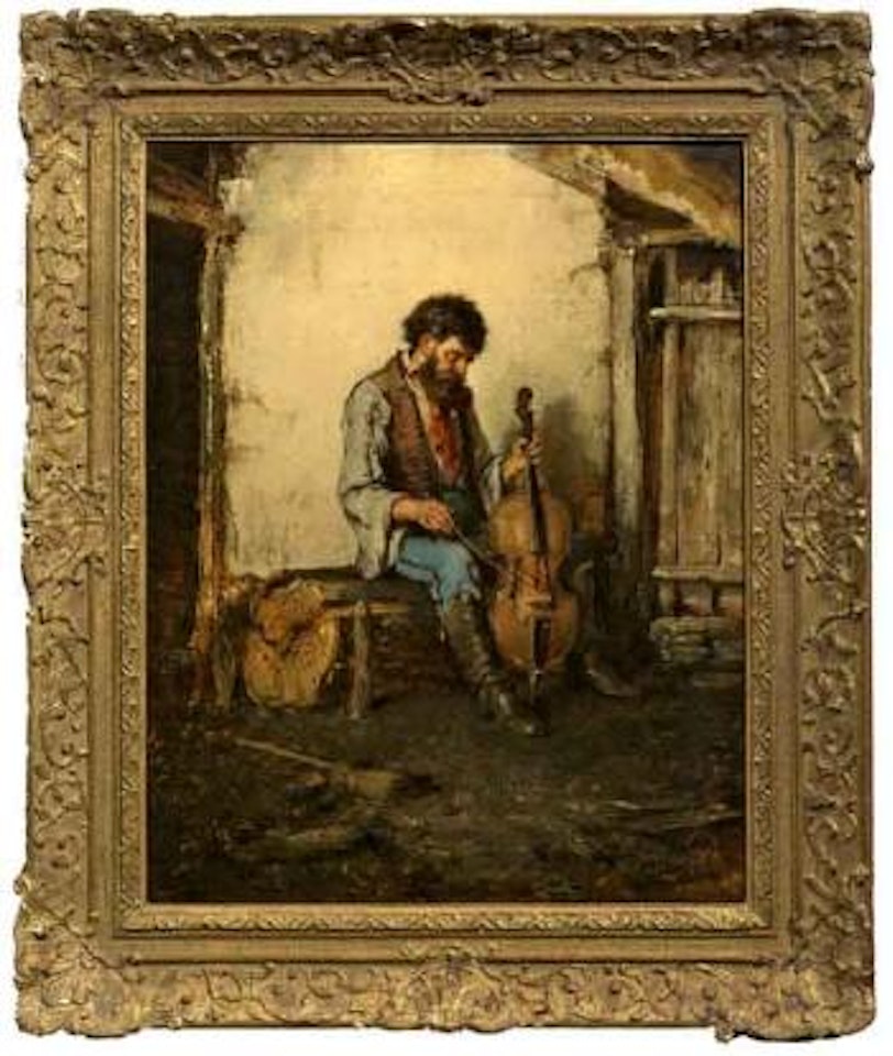 Peasant playing stringed instrument by Hermann Kern