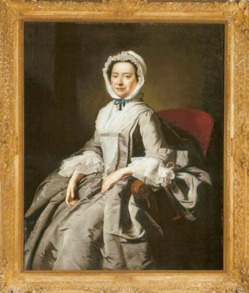 Portrait of a lady, seated in a grey silk dress and white bonnet by Thomas Hudson