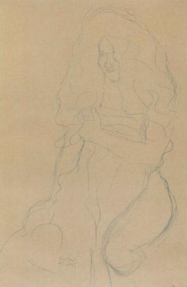 Kneeling nude holding a scarf in front of her body by Gustav Klimt