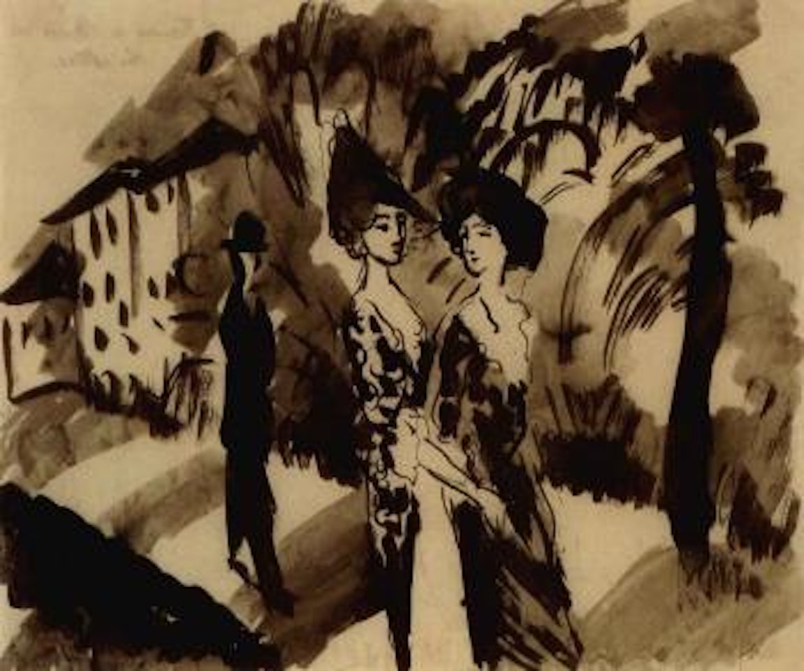 Two women and a man on an avenue by August Macke
