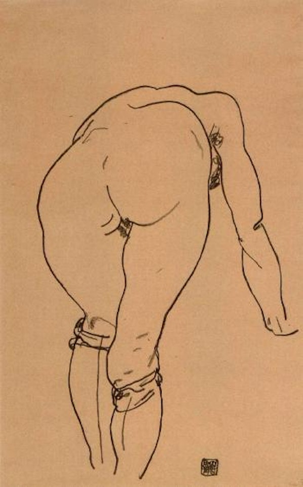 Nude bent over, back view by Egon Schiele