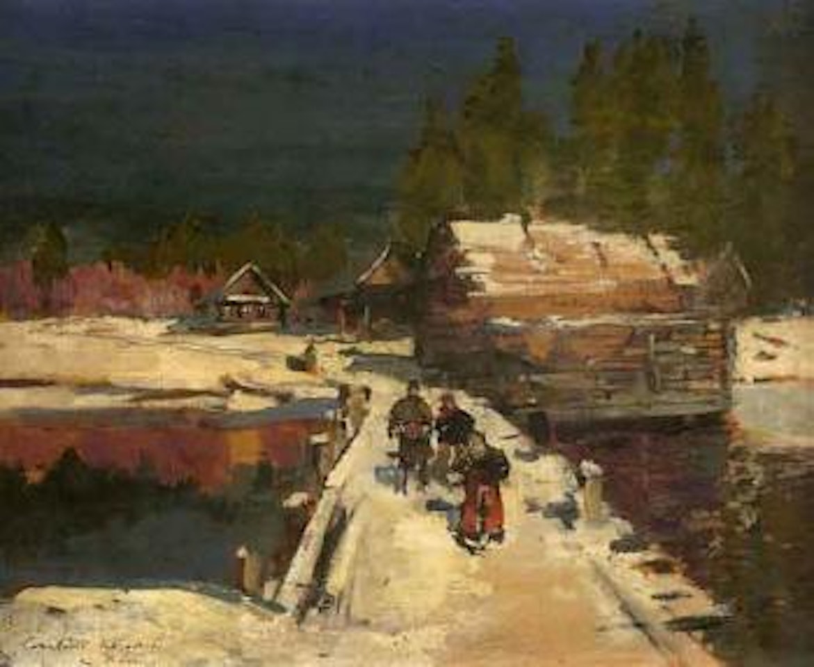 Paysage enneige anime de militaires sur un pont by Konstantin Alekseevich Korovin