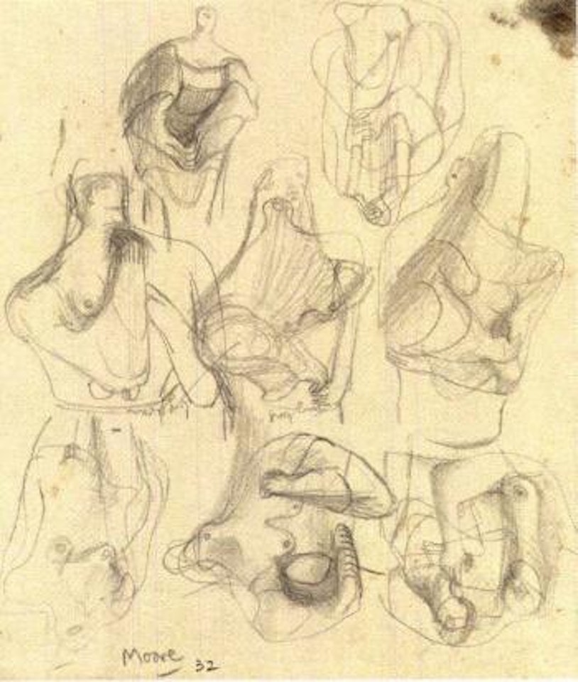 Ideas for sculpture, transformation drawing by Henry Moore