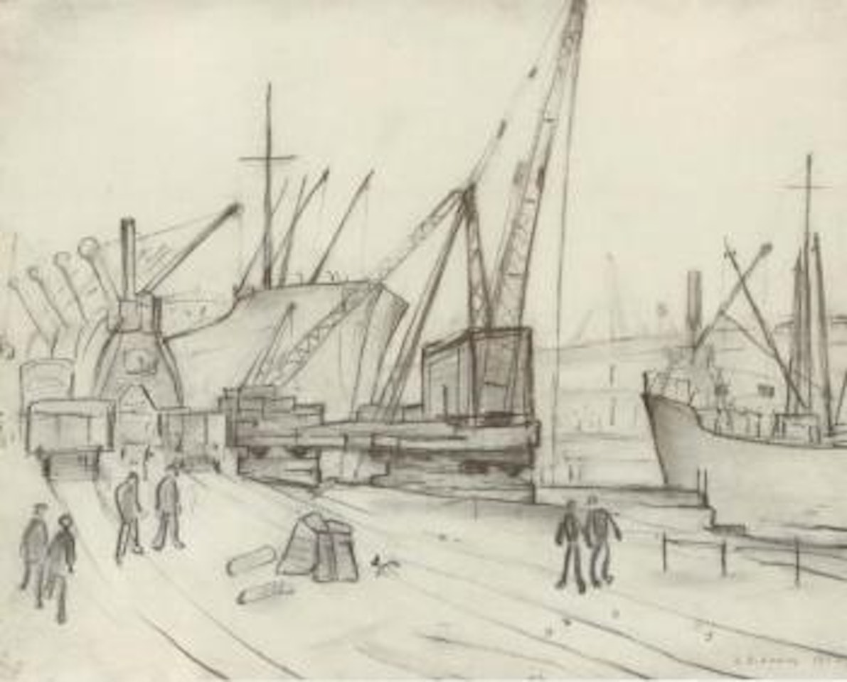 Cranes and ships, Glasgow docks by Laurence Stephen Lowry