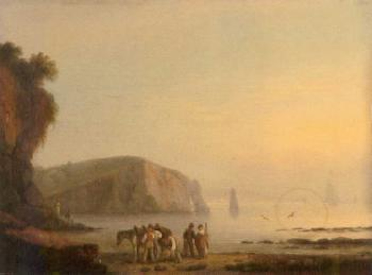Coastal scene with figures and a horse on a beach. Ship in rough seas by Thomas Luny