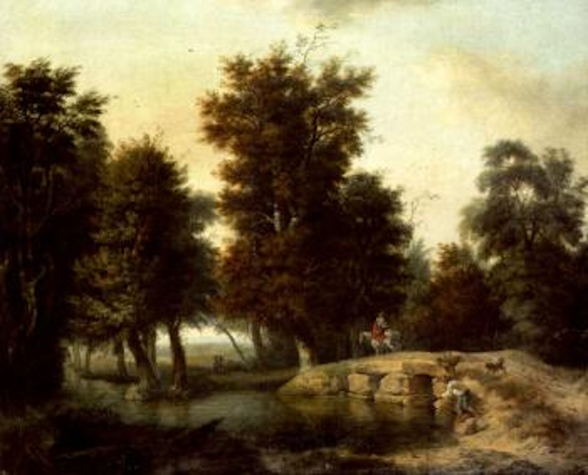 Wooded river landscape with traveller crossing bridge by Dutch School