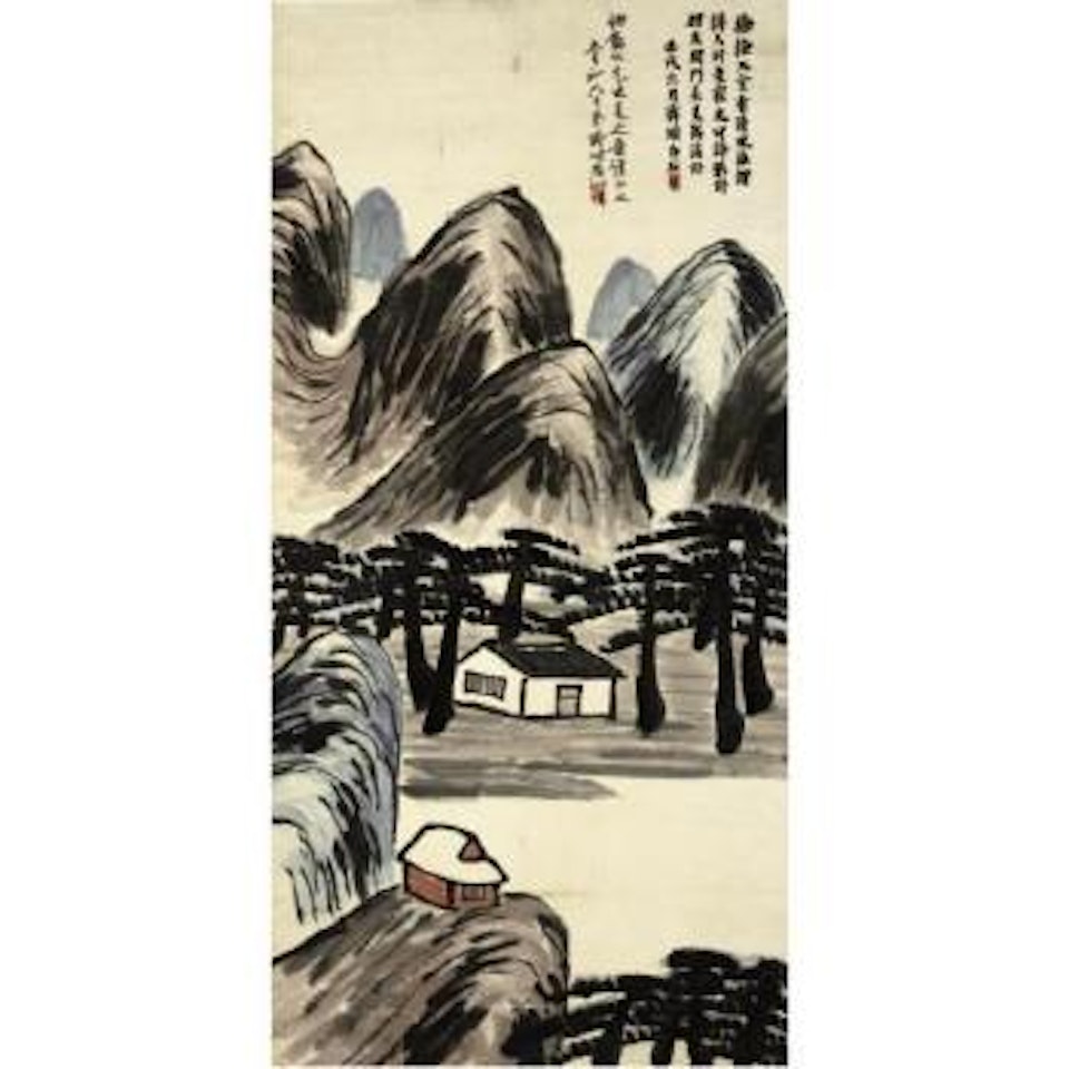 Landscape with pines and houses by Qi Baishi