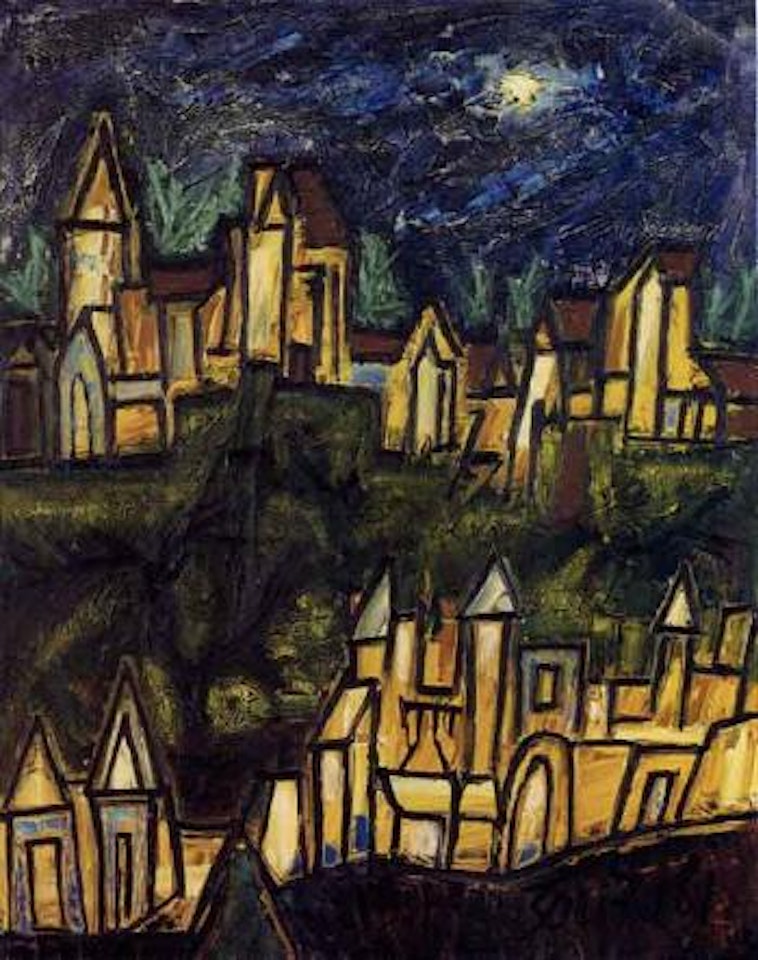Moonlit landscape with buildings by Francis Newton Souza