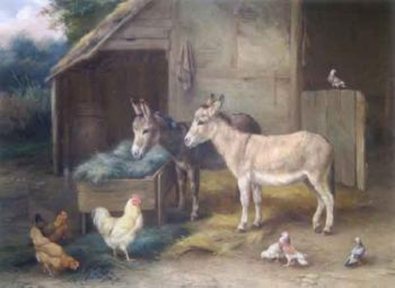 Donkeys, chickens and pigeons outside a barn by Edgar Hunt