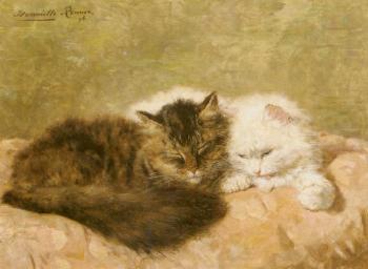 Two cats on a pink pillow by Henriette Ronner-Knip