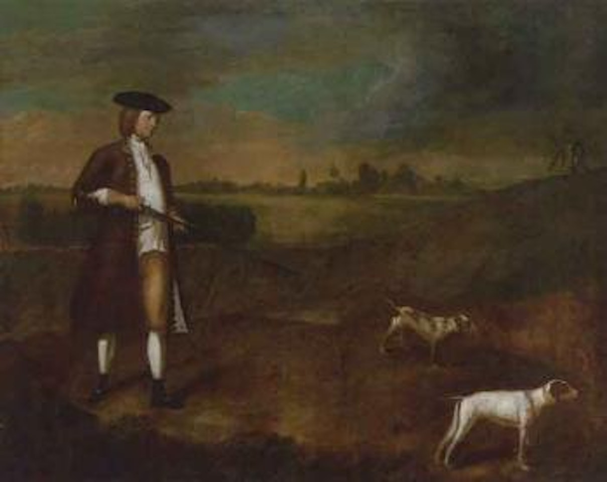 Gentleman out shooting with tow dogs in a landscape by English School