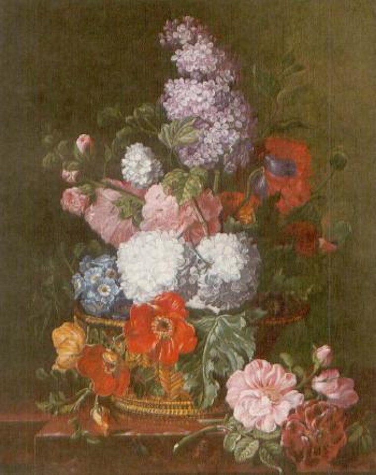Summer flowers in a wicker basket on a shelf by Frederick Victor Bailey
