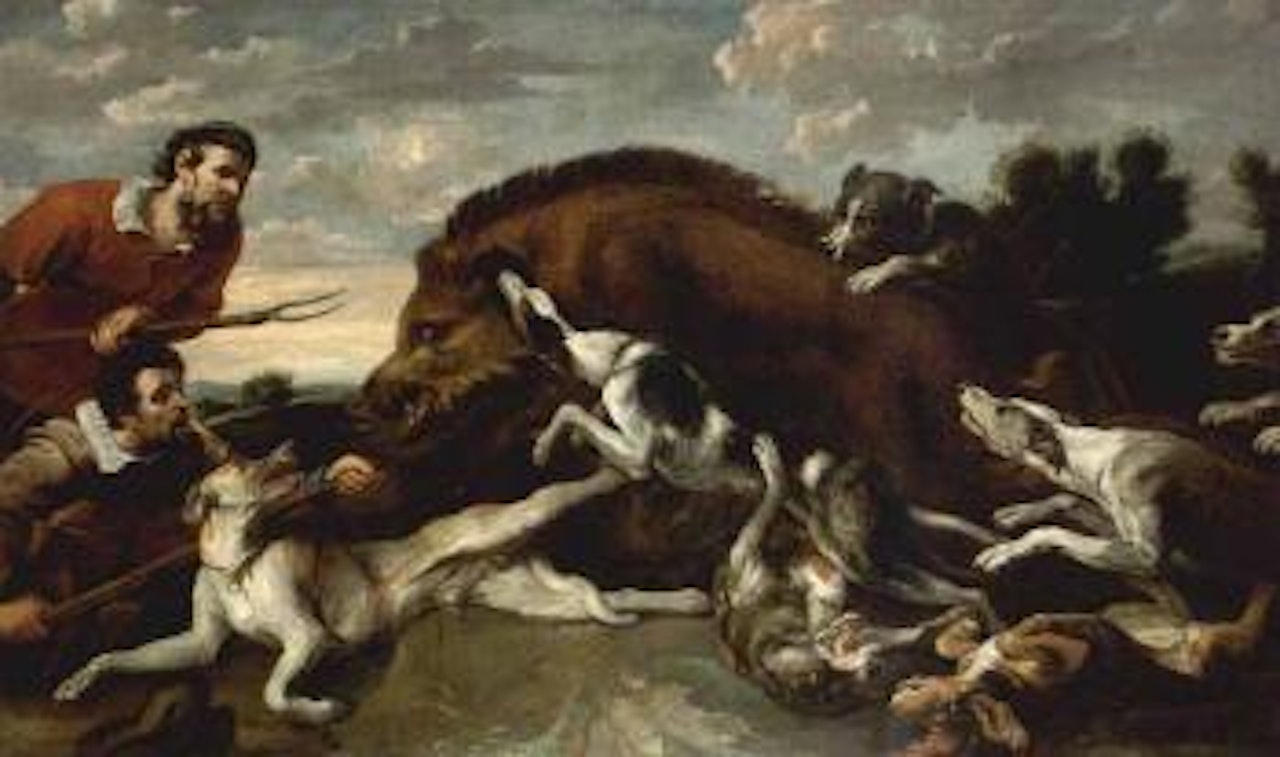 Boar hunt with hounds and two sportsmen by Frans Snyders